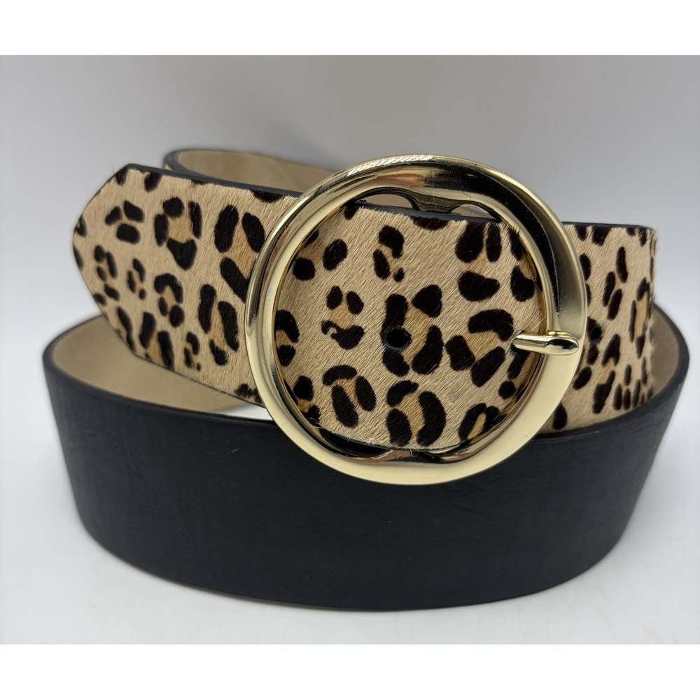 Chicos Statement Belt Womens Medium Black Leather Wide Calf Hair Animal Print